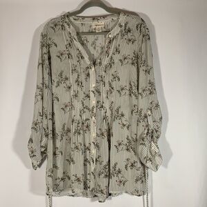 Style & Co Grey & White Striped Floral Long Sleeve Blouse